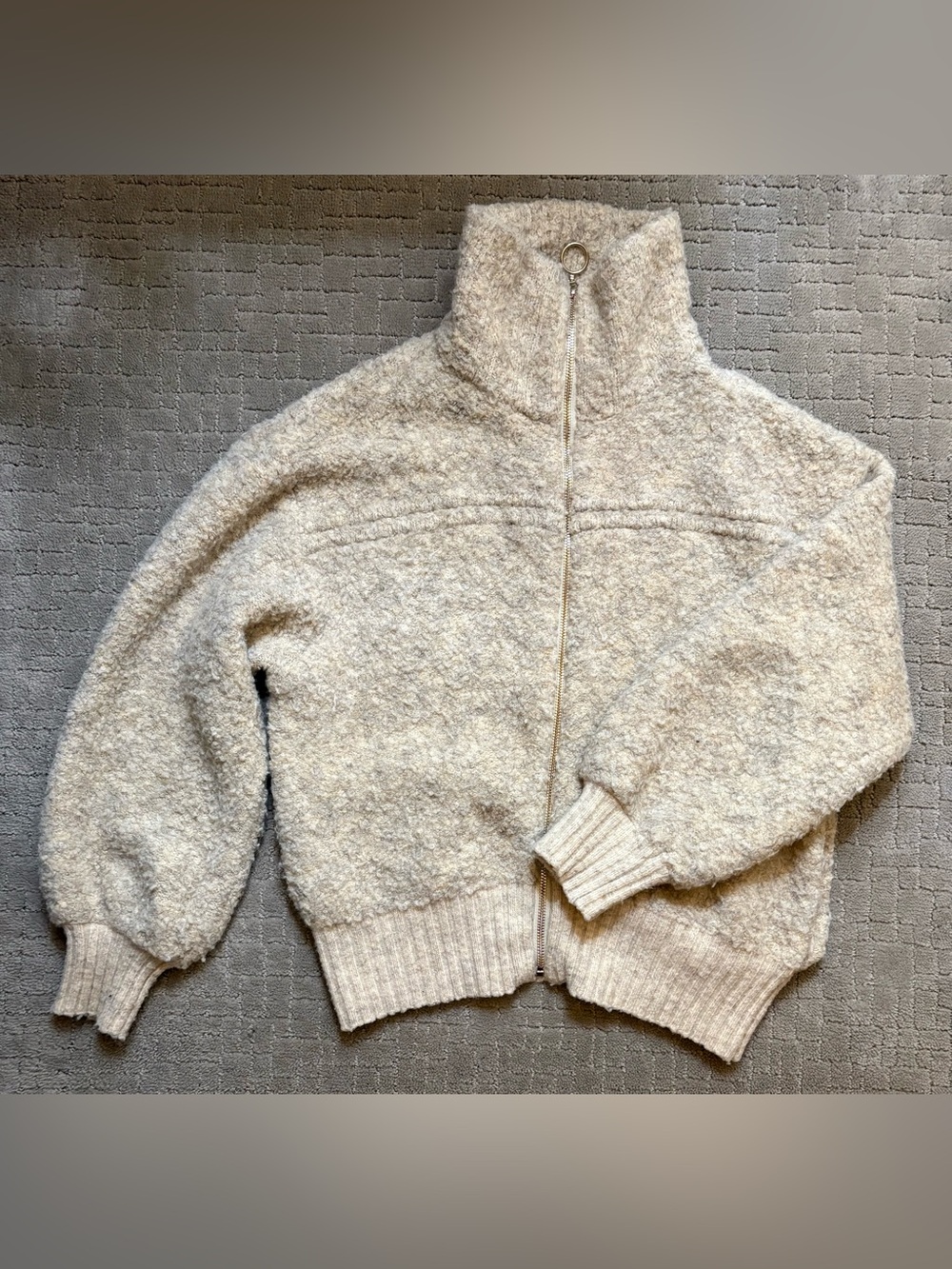Cream Bouclé High Neck Zip-Up Turtleneck Sweater Wool Blend Jacket